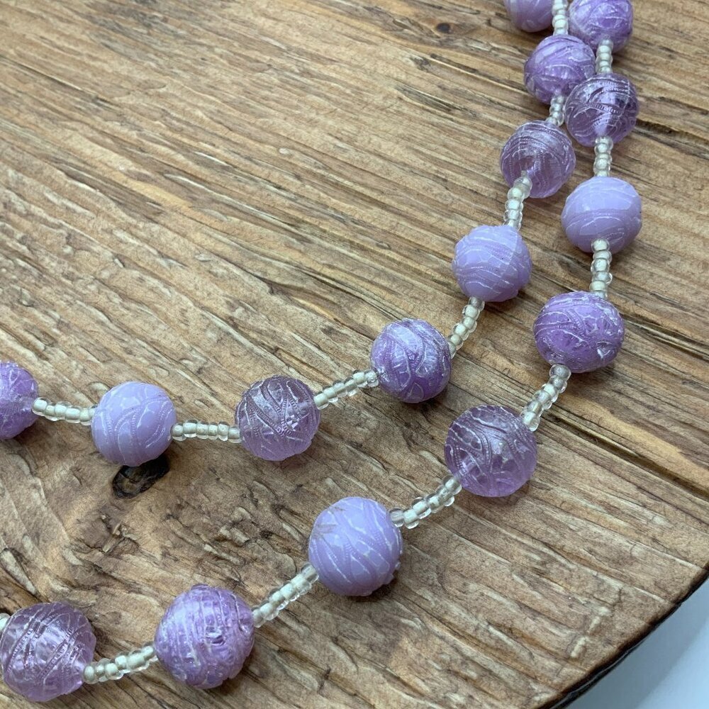 West Germany Vintage Multi Strands Carved Lavender Beaded Flower Clasp Necklace